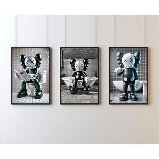 Set of 3 Black Kaws Bathroom Bundle Poster, Bathroom Wall Art, Hypebeast Decor Minimalist Photo Wall Decor