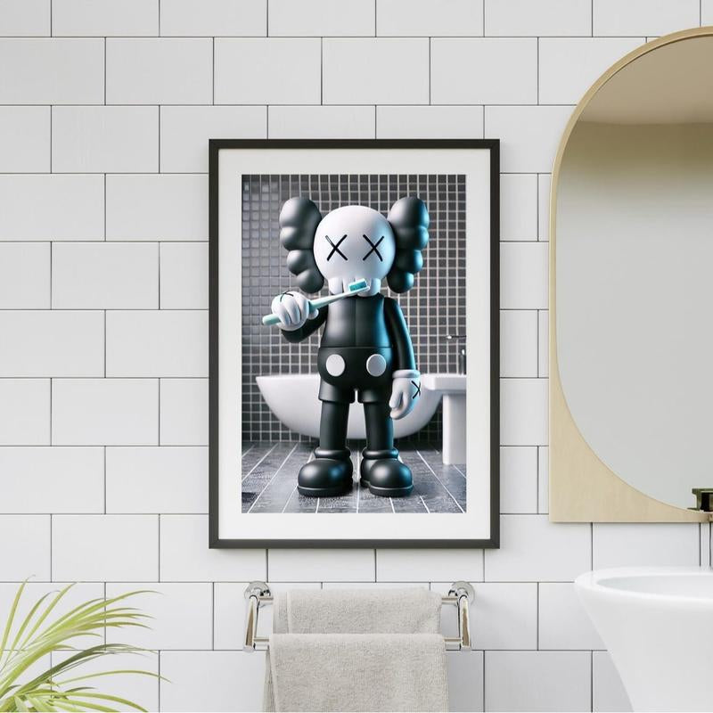 Set of 3 Black Kaws Bathroom Bundle Poster, Bathroom Wall Art, Hypebeast Decor Minimalist Photo Wall Decor