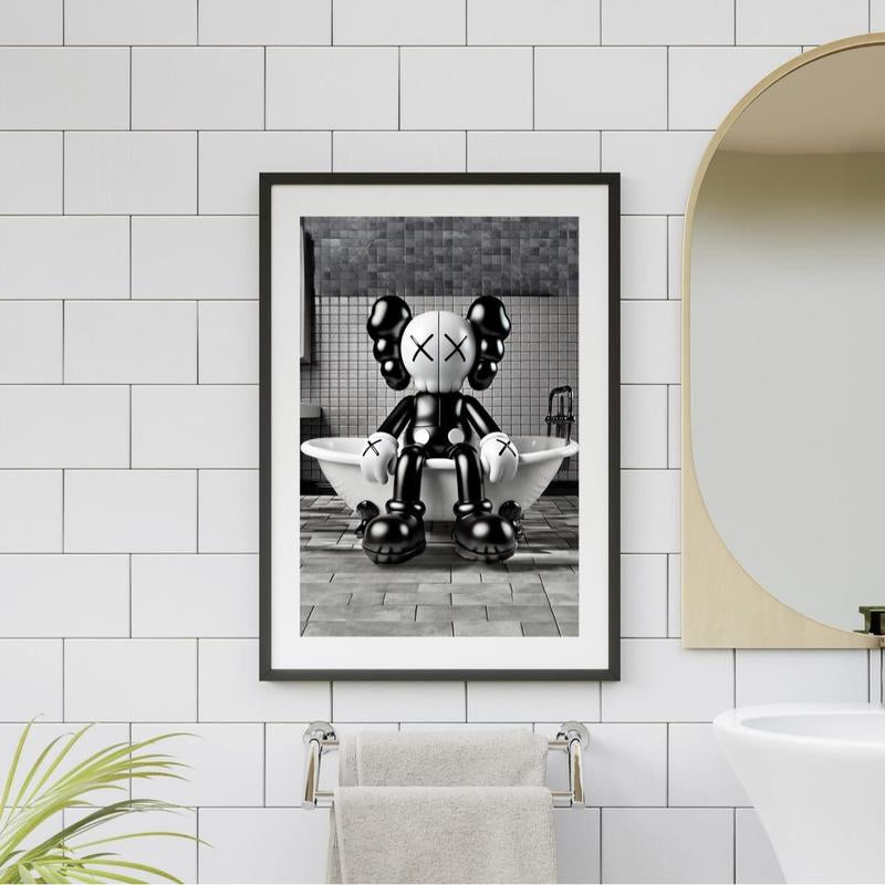 Set of 3 Black Kaws Bathroom Bundle Poster, Bathroom Wall Art, Hypebeast Decor Minimalist Photo Wall Decor